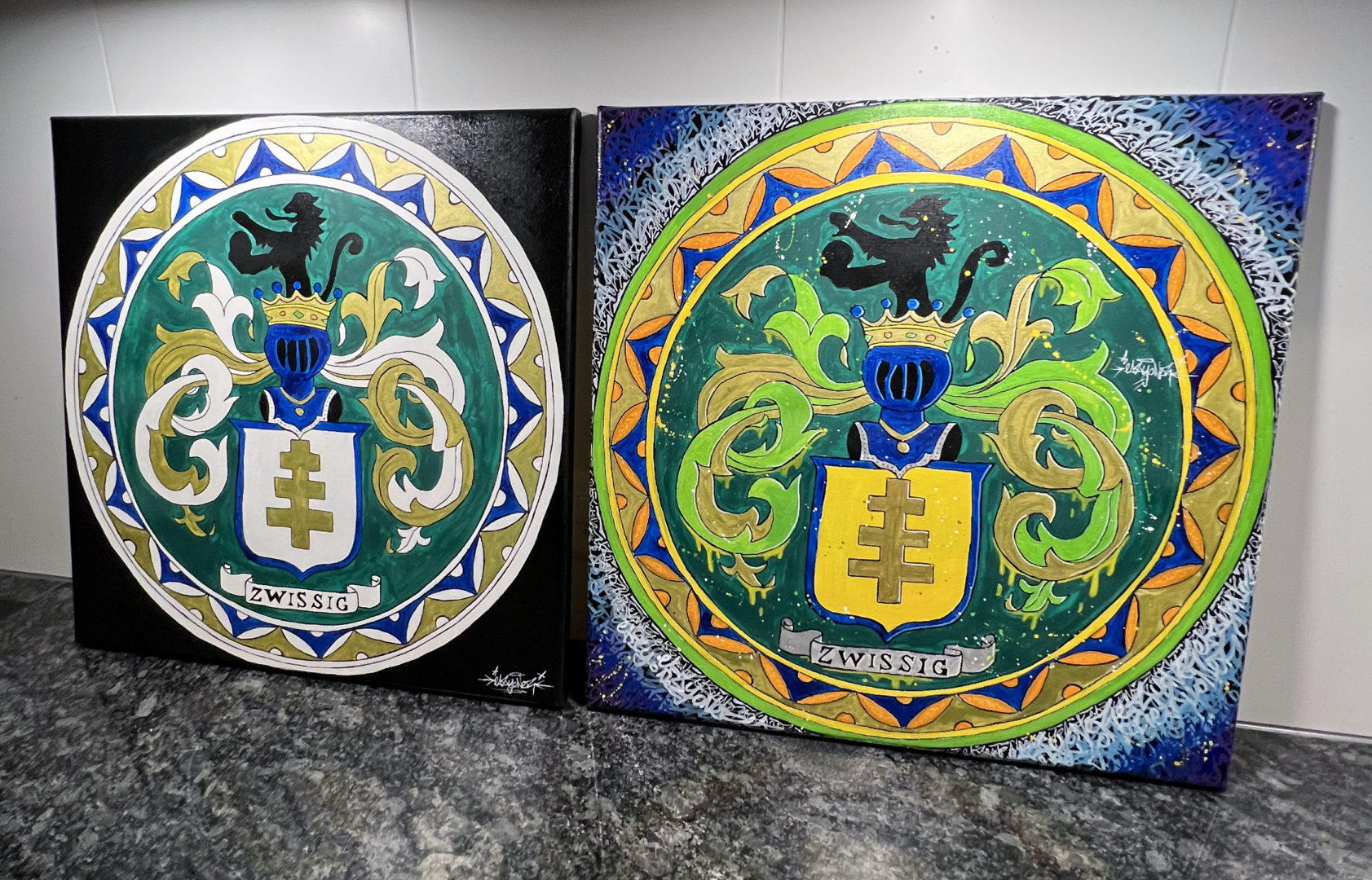 Commande de Tableaux écusson graffiti street art par le graffeur eazy one pour un privé