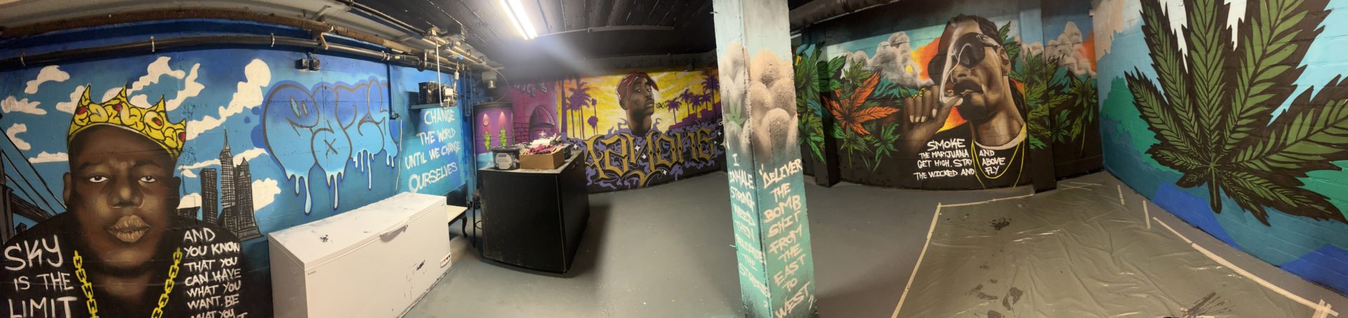 fresque graffiti CBD Lounge luzern avec snoop dogg fume marijuana et plantes par le graffeur eazy one